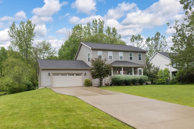 21720 Matthew Ln, Saegertown, PA 16433 - colonial inspired home with a porch, driveway, a garage, and a front lawn