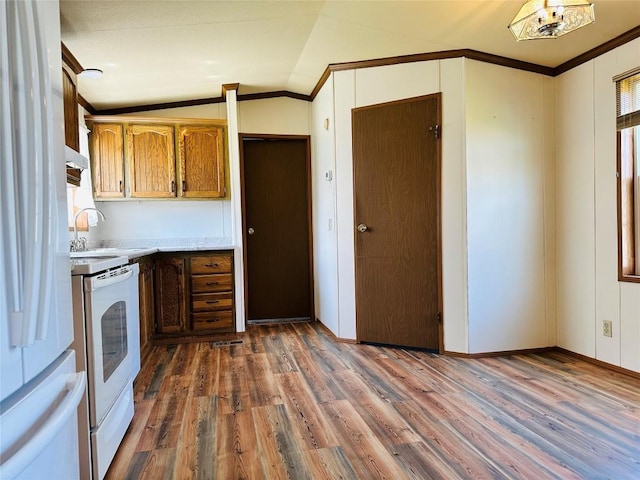 kitchen featuring lofted ceiling, white appliances, dark wood-style flooring, light countertops, and crown molding