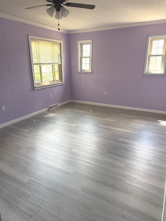 518 Spring St, Jamestown, PA 16134 - unfurnished room with ornamental molding, ceiling fan, and wood finished floors