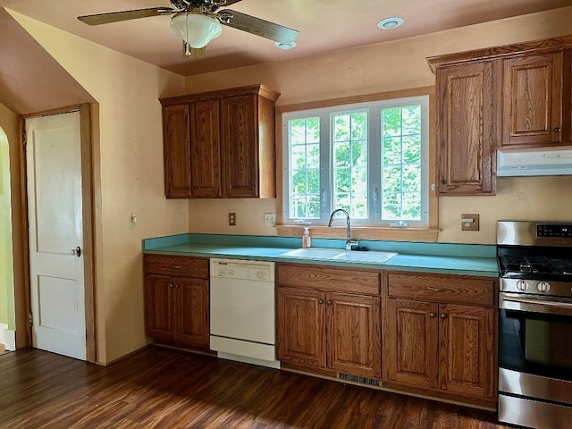957 E 29th St, Erie, PA 16504 - kitchen featuring stainless steel range with gas stovetop, dishwasher, range hood, and dark wood-style flooring