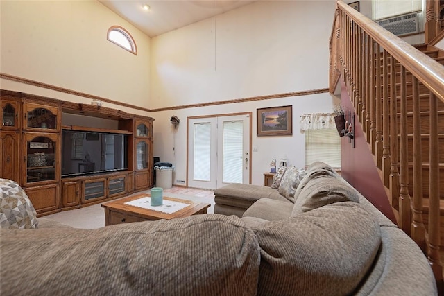 38753 Centerville Rd, Centerville, PA 16404 - living room featuring high vaulted ceiling, stairway, and carpet floors
