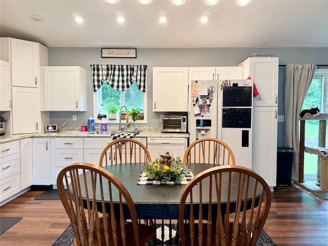 112 Willadell Rd, Pa, PA 16154 - kitchen with white appliances, dark wood-type flooring, white cabinets, recessed lighting, and light stone countertops
