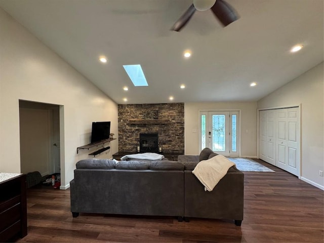 112 Willadell Rd, Pa, PA 16154 - living room featuring a skylight, dark wood-style floors, recessed lighting, a ceiling fan, and a stone fireplace