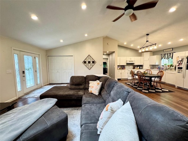 112 Willadell Rd, Pa, PA 16154 - living room featuring ceiling fan, lofted ceiling, recessed lighting, and dark wood finished floors