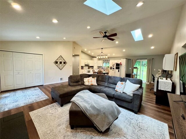 112 Willadell Rd, Pa, PA 16154 - living room featuring a skylight, lofted ceiling, wood finished floors, recessed lighting, and a ceiling fan
