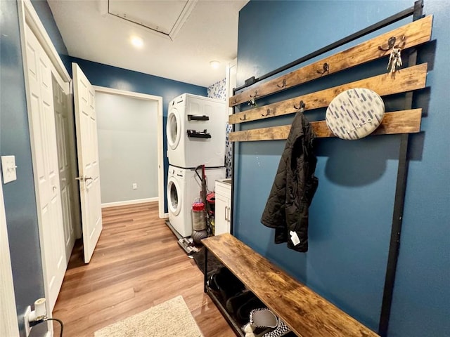 112 Willadell Rd, Pa, PA 16154 - laundry room with estacked washer and dryer, light wood-style floors, and attic access
