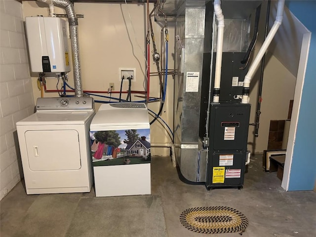 utilities featuring heating unit, tankless water heater, and washer and clothes dryer