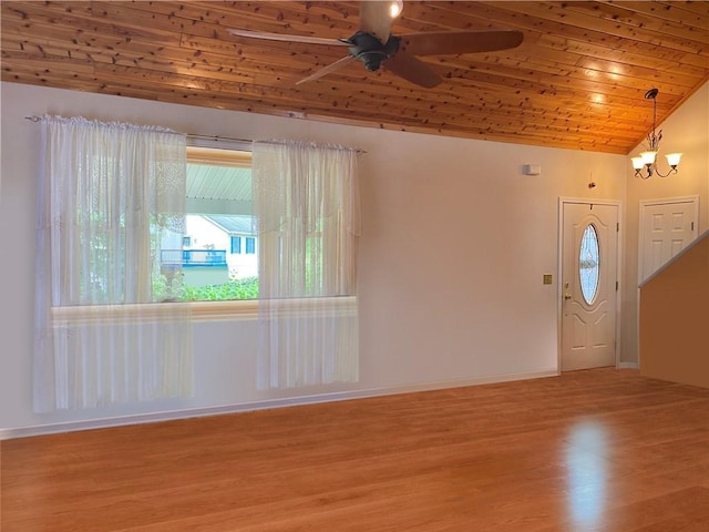 10492 Mohawk Rd, Conneaut Lake, PA 16316 - entryway featuring wood finished floors, a ceiling fan, vaulted ceiling, a chandelier, and wooden ceiling
