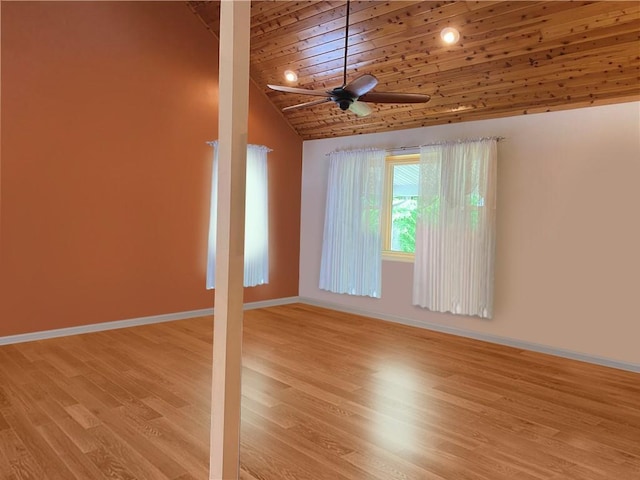 spare room featuring ceiling fan, lofted ceiling, wood ceiling, and light hardwood / wood-style flooring