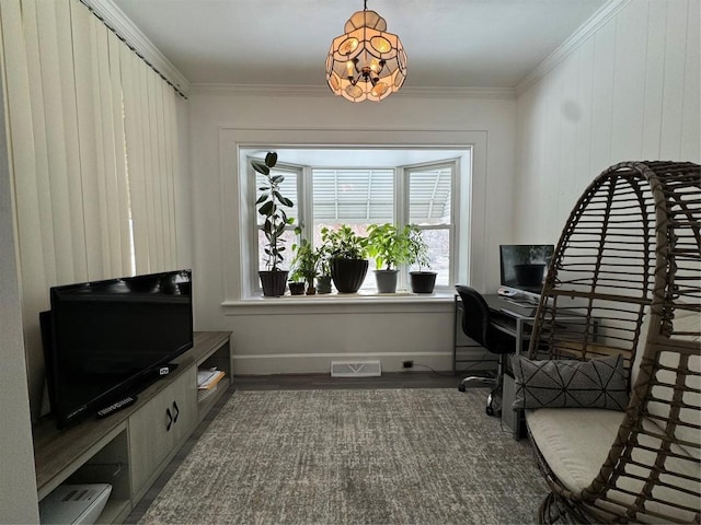 office space featuring crown molding and dark hardwood / wood-style flooring