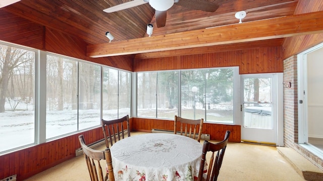 sunroom / solarium with a healthy amount of sunlight, ceiling fan, wood ceiling, and a baseboard radiator