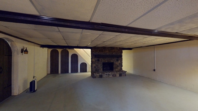 basement featuring a fireplace