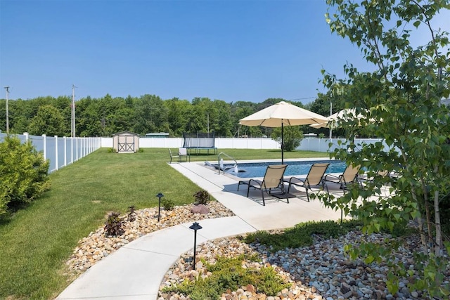 7662 Magnolia Bnd, Fairview, PA 16415 - view of pool with a storage shed, a fenced backyard, a patio area, and a trampoline
