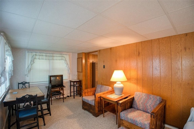 12199 Mantor St, Conneaut Lake, PA 16316 - sitting room featuring wooden walls, a paneled ceiling, and carpet flooring