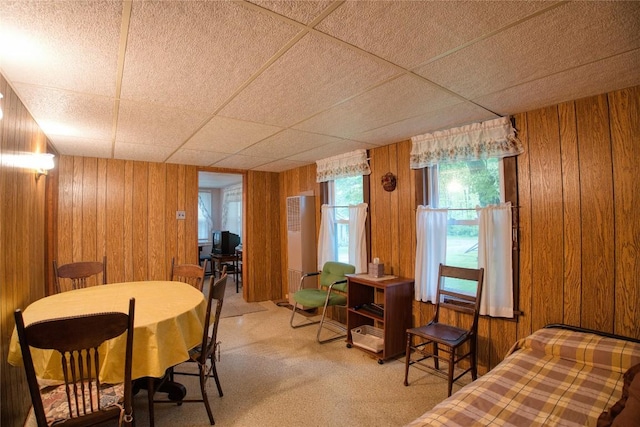 12199 Mantor St, Conneaut Lake, PA 16316 - dining room featuring wooden walls, carpet, and a drop ceiling