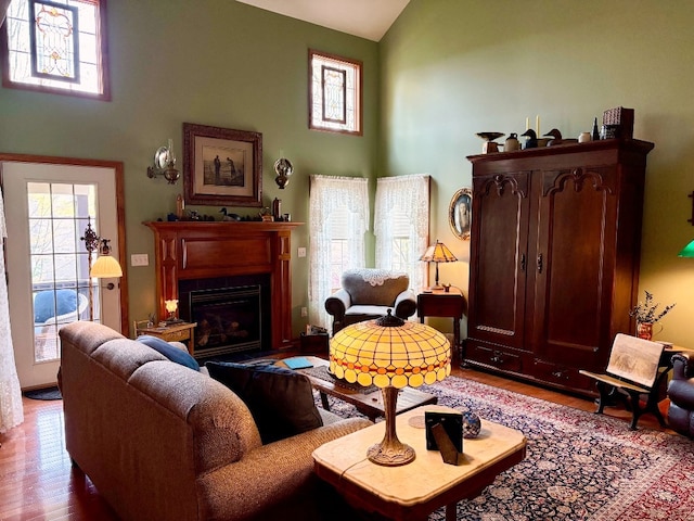 living room with wood finished floors, a healthy amount of sunlight, and high vaulted ceiling