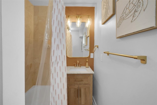 bathroom featuring shower / bath combination with curtain and vanity