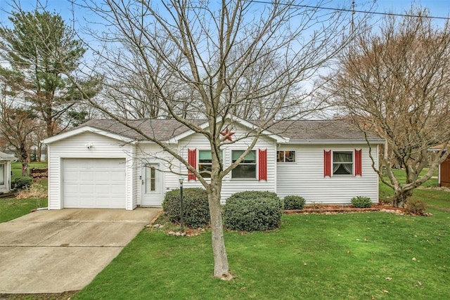 single story home featuring a front yard, driveway, and an attached garage