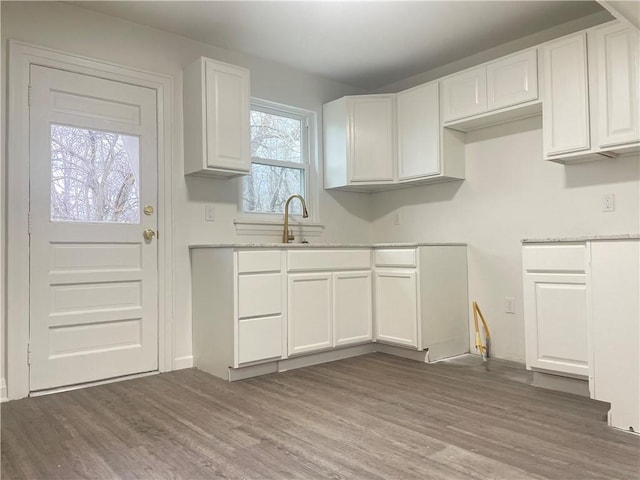 kitchen with white cabinets, dark wood-type flooring, and sink