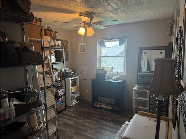 office with a textured ceiling, wood finished floors, and a ceiling fan