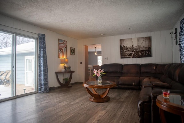 living room featuring wood-type flooring and a textured ceiling