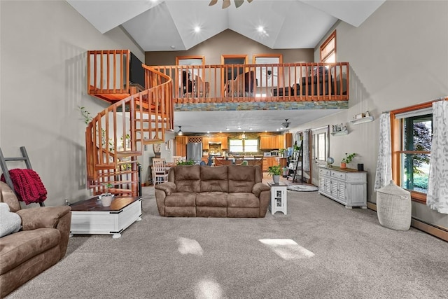 11221 W Greene Rd, Waterford, PA 16441 - carpeted living area featuring high vaulted ceiling, stairway, plenty of natural light, ceiling fan, and recessed lighting