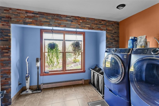 11221 W Greene Rd, Waterford, PA 16441 - laundry area featuring washer and dryer, a baseboard heating unit, baseboards, and tile patterned floors