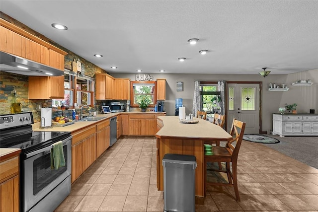 11221 W Greene Rd, Waterford, PA 16441 - kitchen with appliances with stainless steel finishes, a sink, light countertops, a breakfast bar area, and recessed lighting