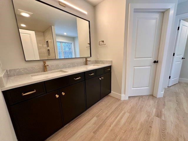 bathroom with hardwood / wood-style floors, vanity, and walk in shower