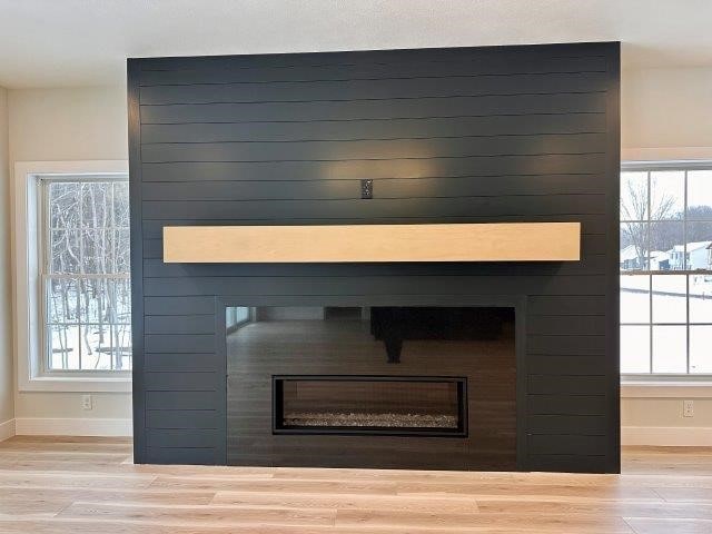 details with hardwood / wood-style floors and a fireplace