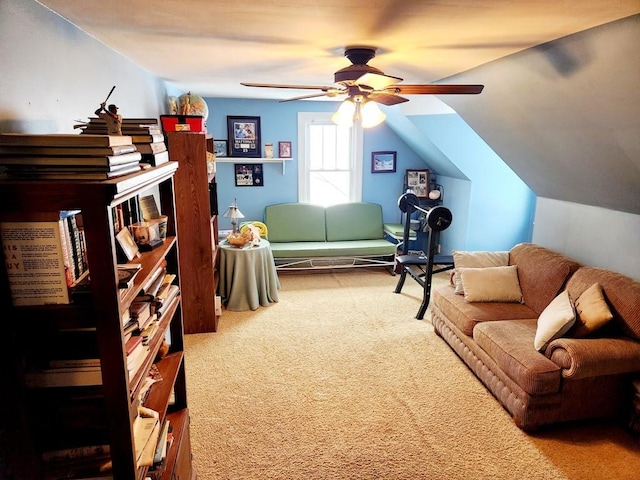 living area with carpet, ceiling fan, and lofted ceiling