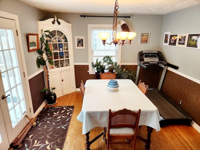 dining space with light hardwood / wood-style flooring, plenty of natural light, and a notable chandelier