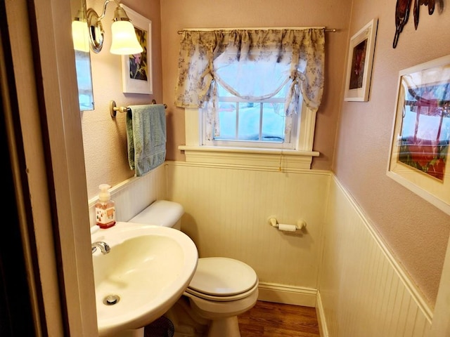 bathroom featuring toilet, wood-type flooring, and sink