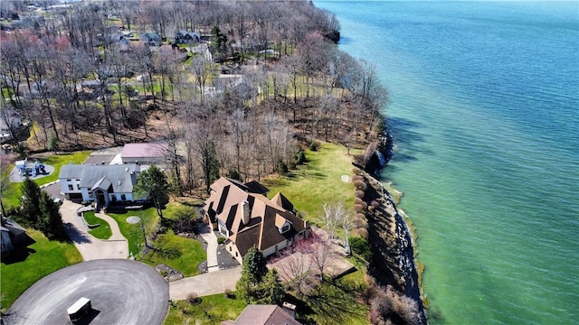 drone / aerial view featuring a water view