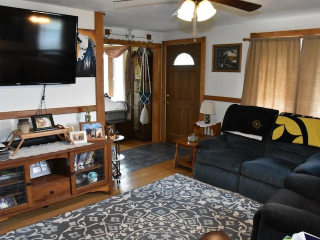 living room featuring ceiling fan and wood-type flooring