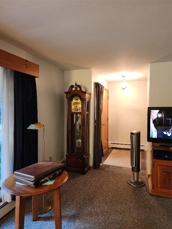 living area with a baseboard radiator and carpet