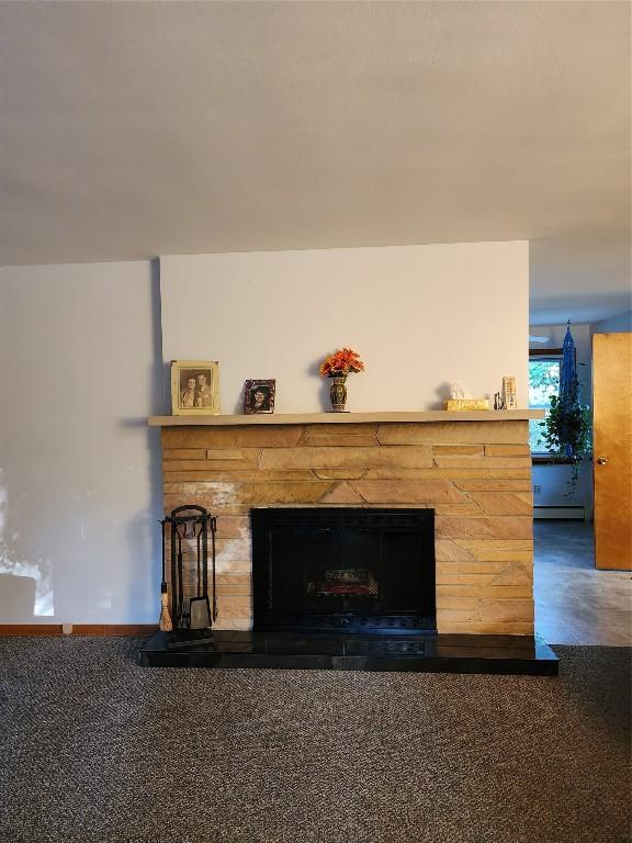 room details with carpet flooring, a fireplace, and baseboard heating