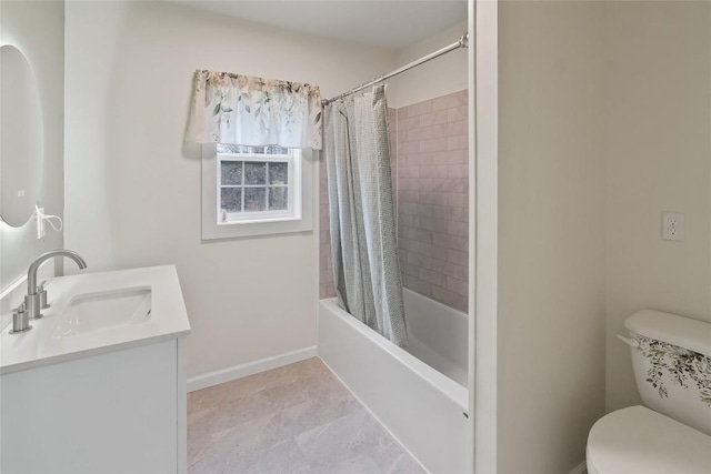 full bathroom with toilet, shower / tub combo, and vanity