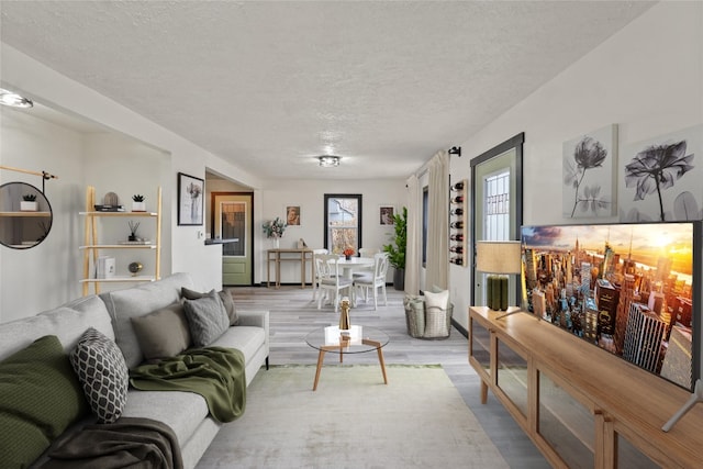 living room featuring light hardwood / wood-style floors and a textured ceiling