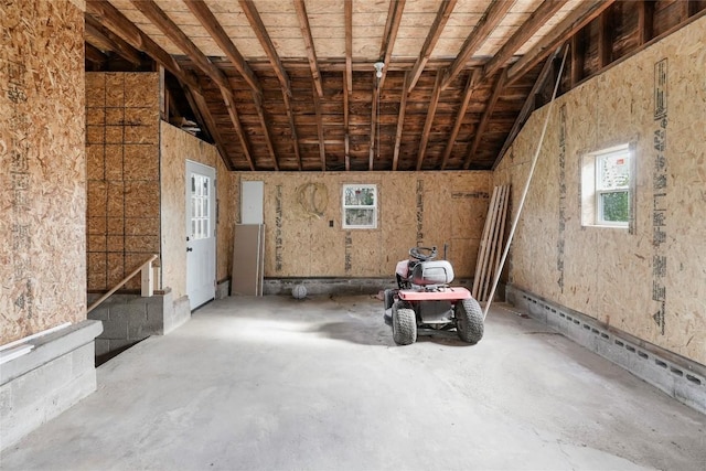 miscellaneous room with concrete floors, a wealth of natural light, and lofted ceiling