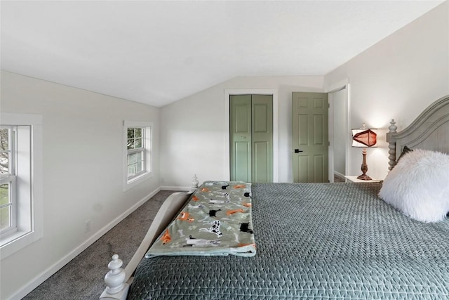 bedroom with a closet, vaulted ceiling, carpet flooring, and multiple windows