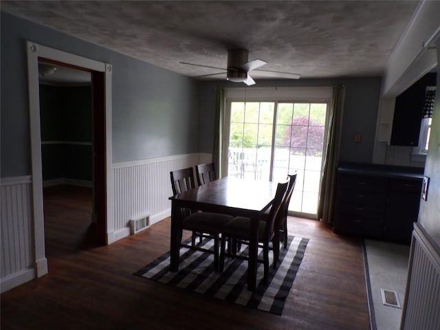 13326 Ridge Rd, West Springfield, PA 16443 - dining space featuring wood finished floors, ceiling fan, and a wainscoted wall