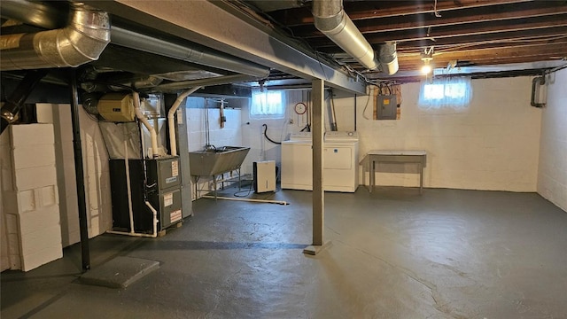 basement with washing machine and dryer, sink, and electric panel