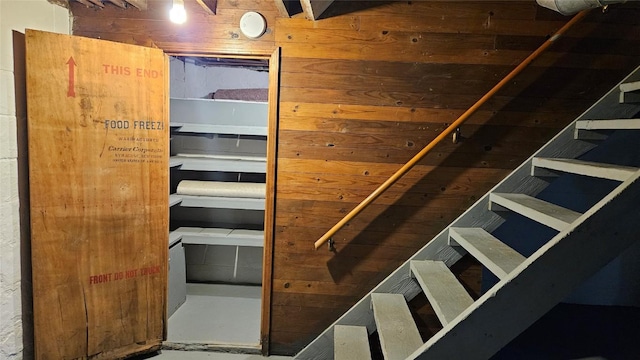 stairs featuring wood walls