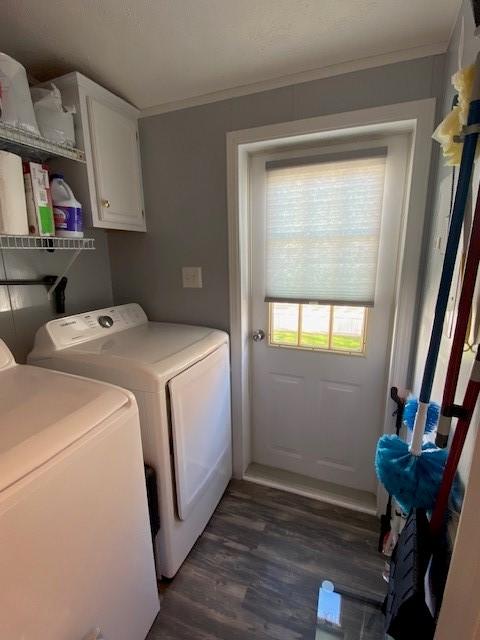831 Douglas Dr, Erie, PA 16505 - laundry room with independent washer and dryer, cabinet space, crown molding, and dark wood-style floors