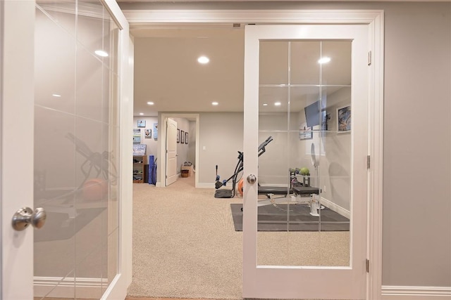 workout area with carpet floors