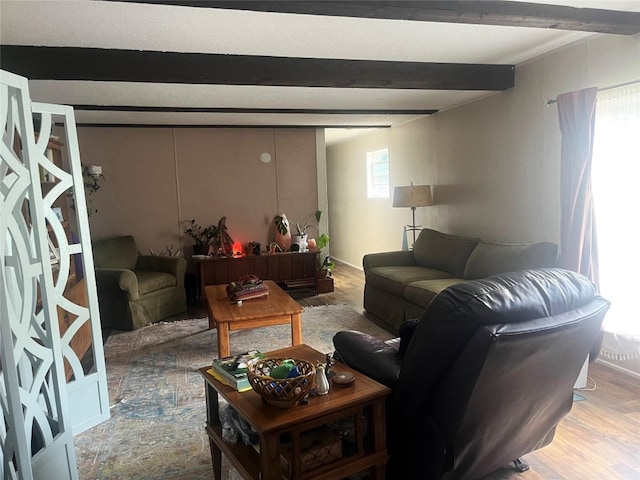 living room with beam ceiling and light hardwood / wood-style floors