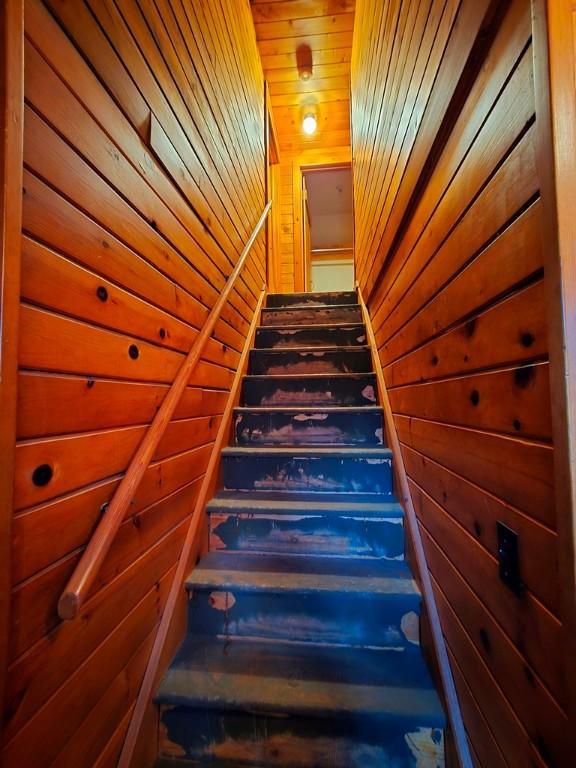 stairway featuring wood walls and wood ceiling