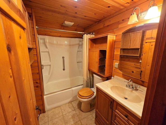 full bathroom with shower / bath combination with curtain, toilet, wooden walls, vanity, and wood ceiling