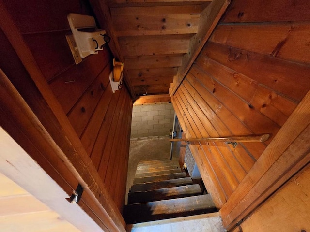 stairs featuring wooden walls